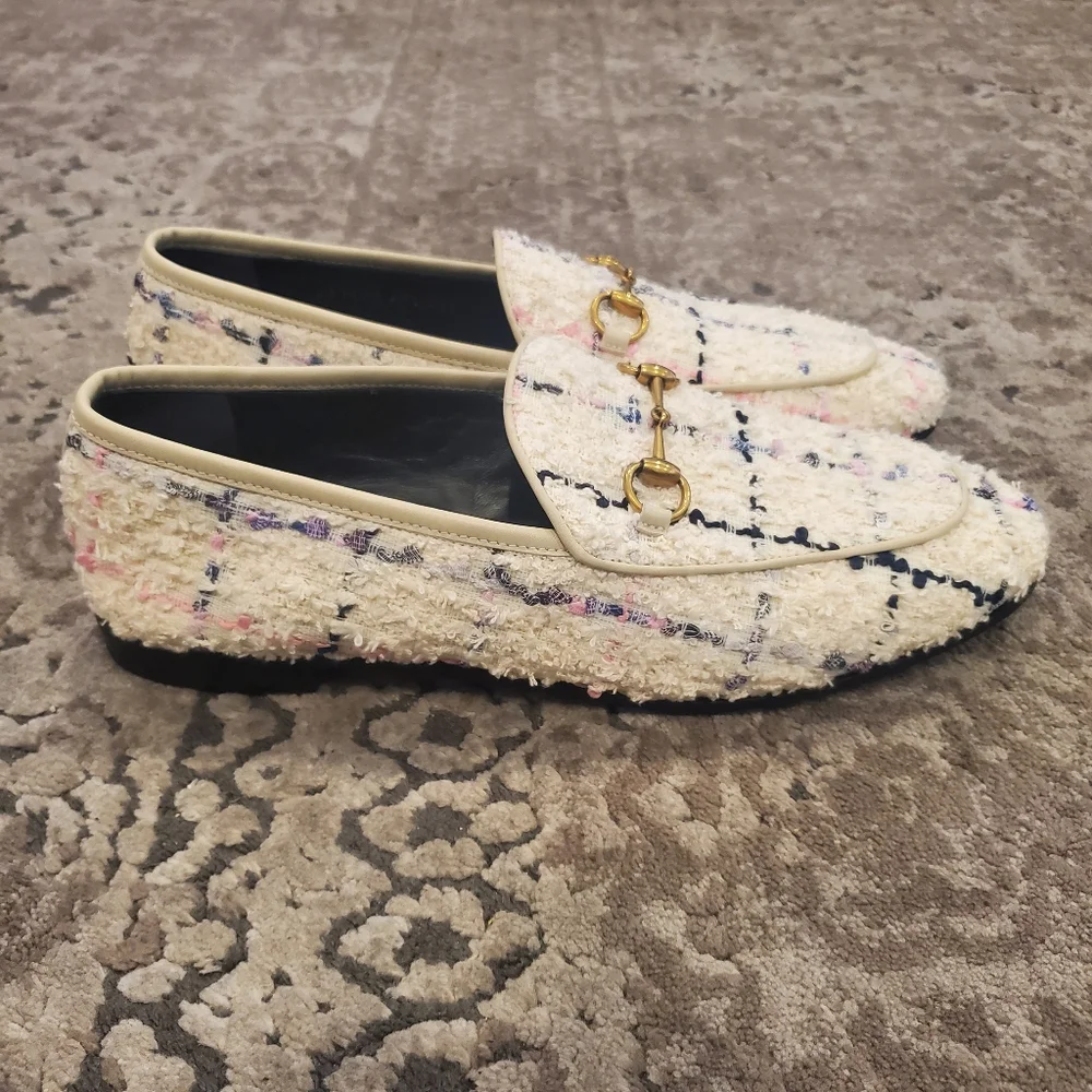 Gucci Jordaan Horsebit-Detailed Leather-Trimmed Boucle-Tweed Loafers in Ivory - Picture 5 of 9